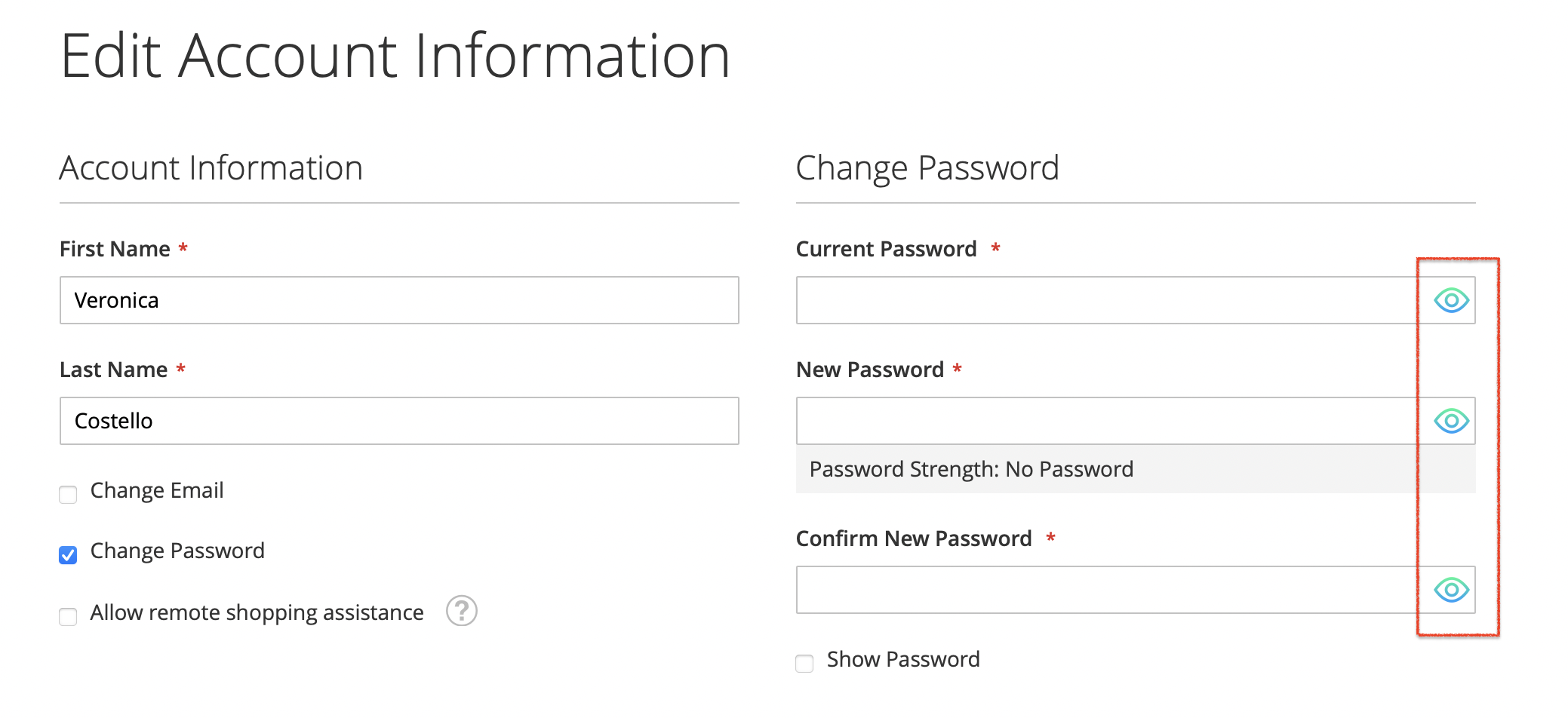 Password Show/Hide On Edit Account Information