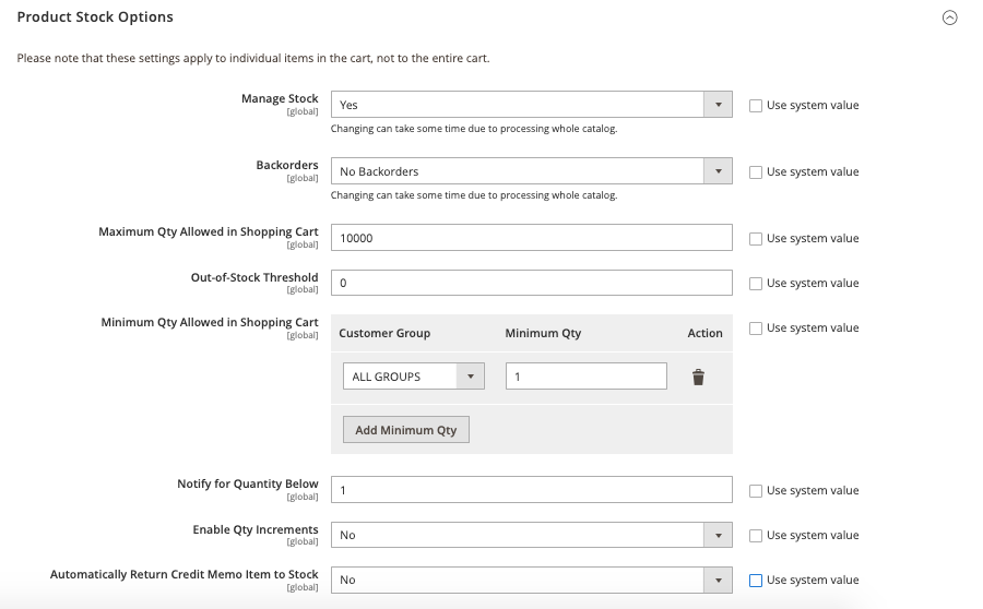 Product stock options 