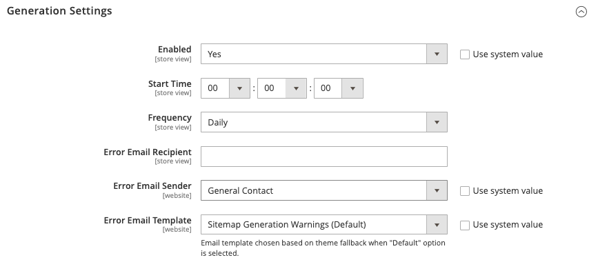 Sitemap generation setting configure