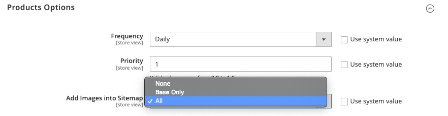 Sitemap product option configure