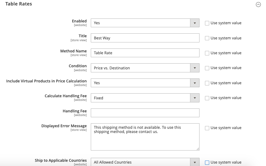 Table rate shipping method 